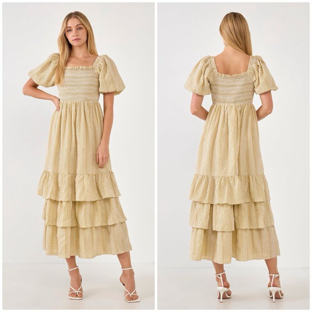 Free the Roses Maxi Dress Tan Striped Ruffle Tiered Puff Sleeve Size Small